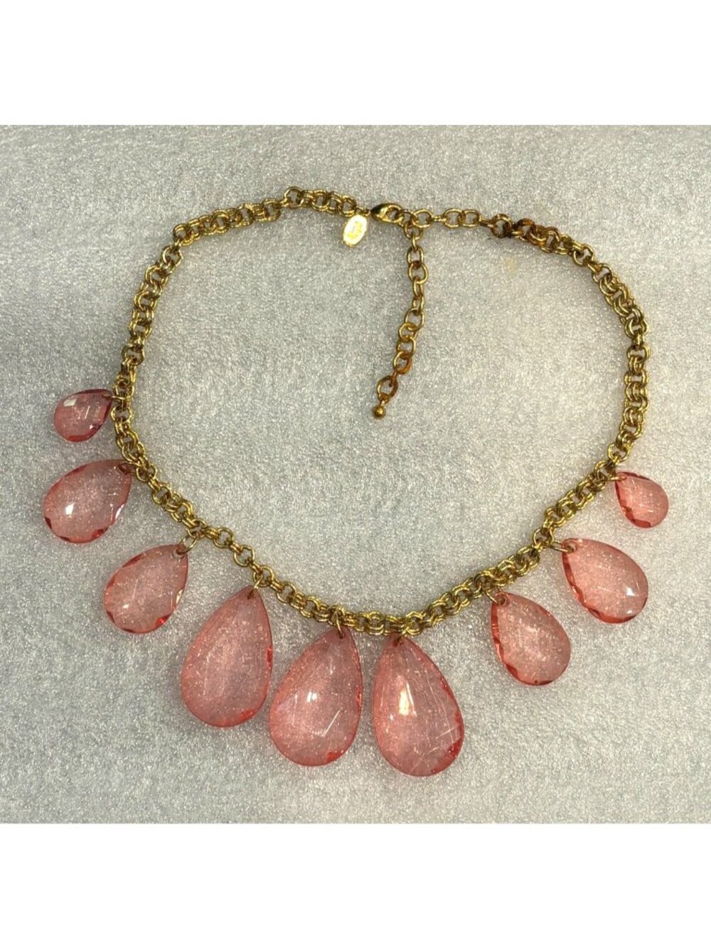 Vintage Joan Rivers Gold Tone Pink Lucite Teardrop Necklace-Signed
